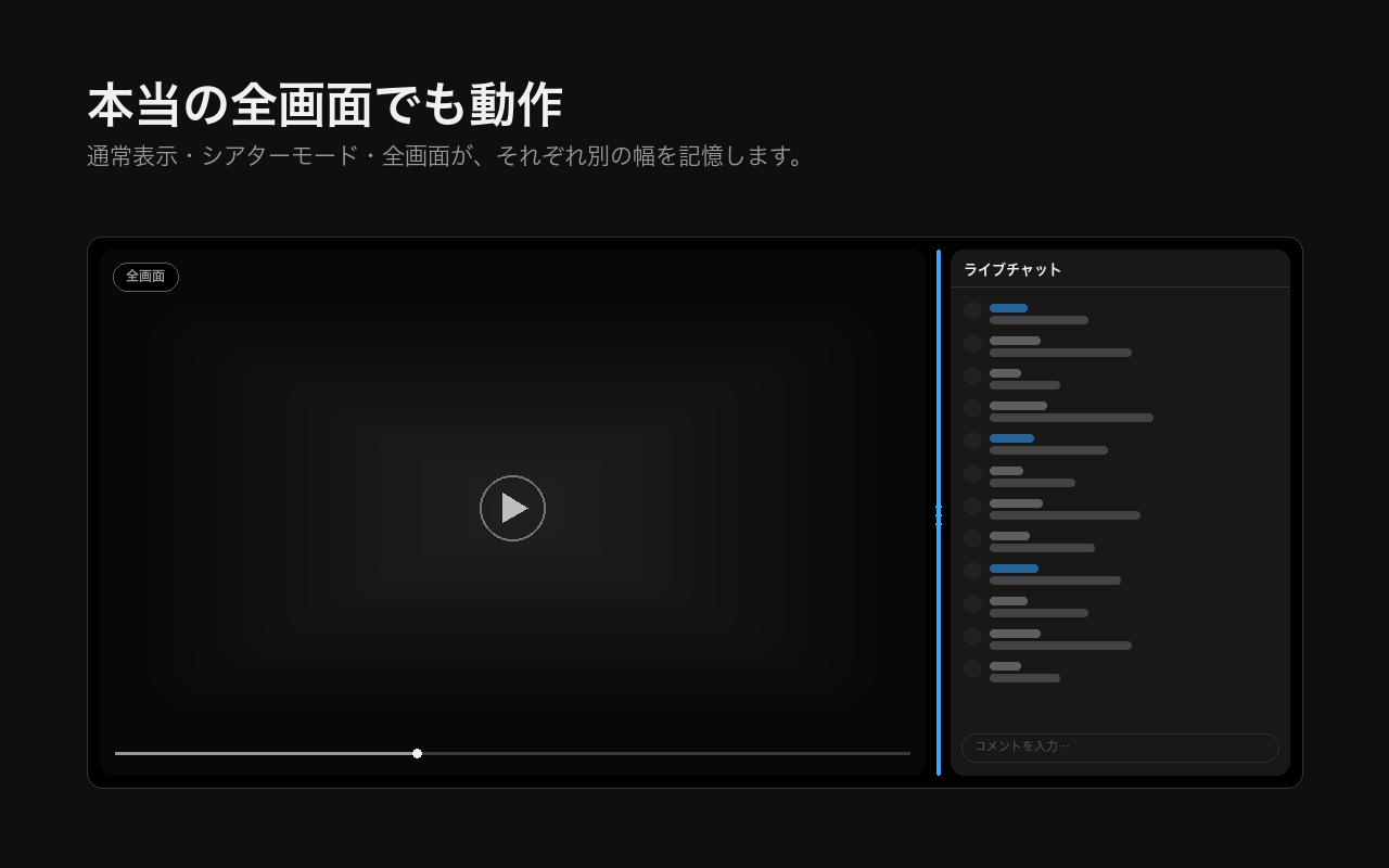 本当の全画面でチャットが動画の横にドッキングされ、動画が切れていない様子の図