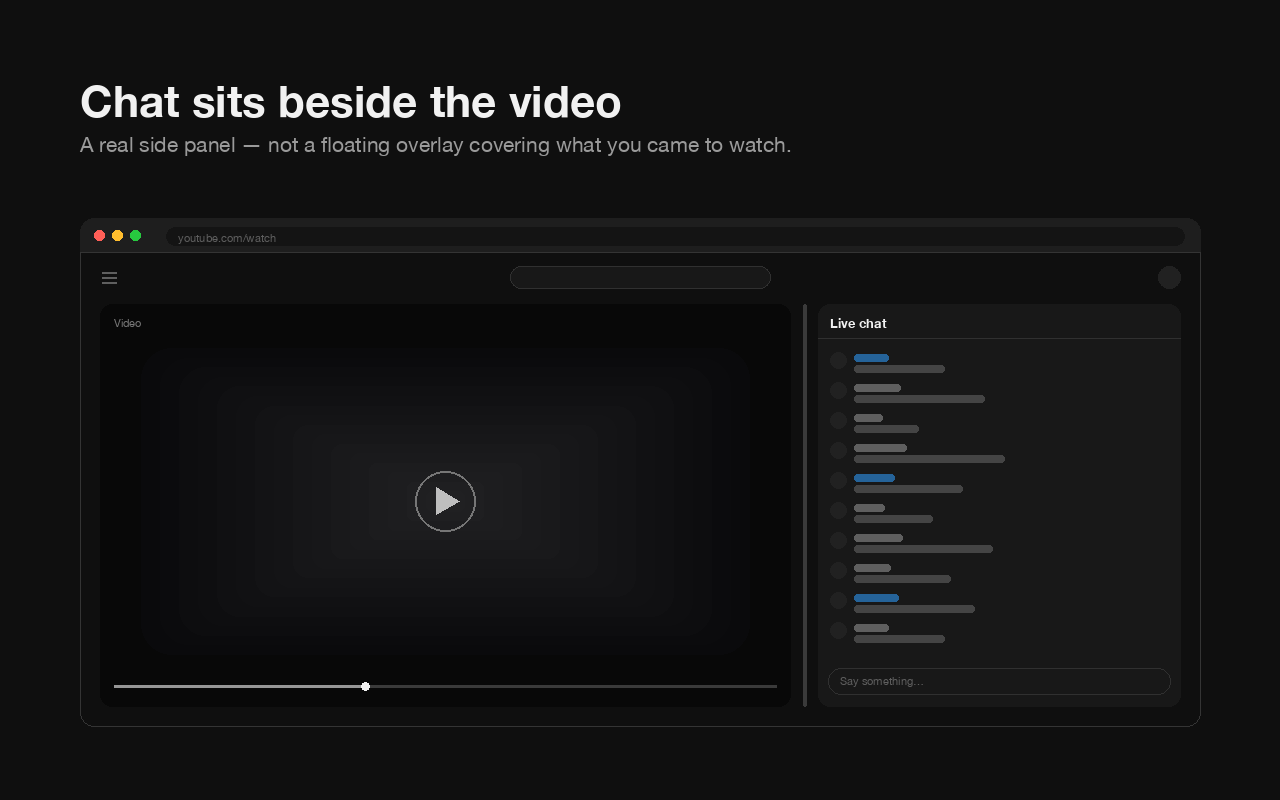 YouTube live chat docked as a resizable column to the right of the video, with a draggable divider between them