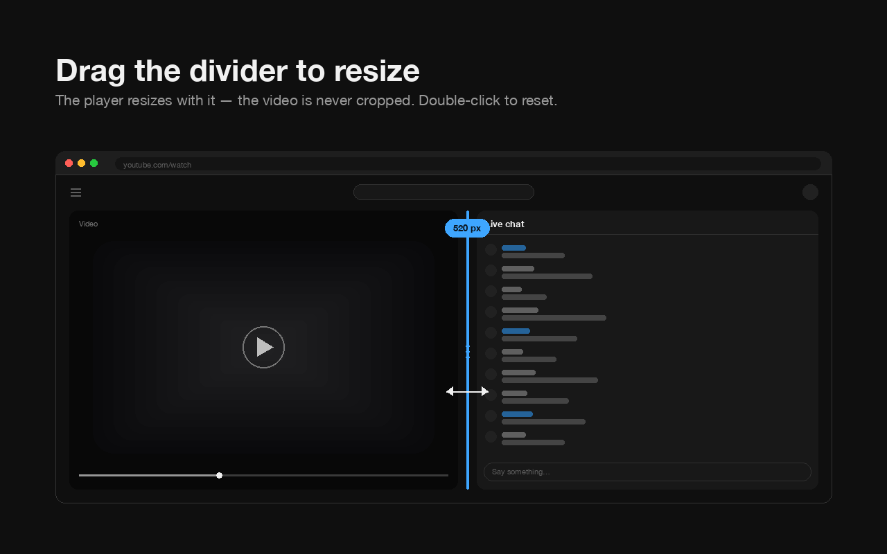 Illustration of the divider being dragged, with the video resizing to fit the space left over