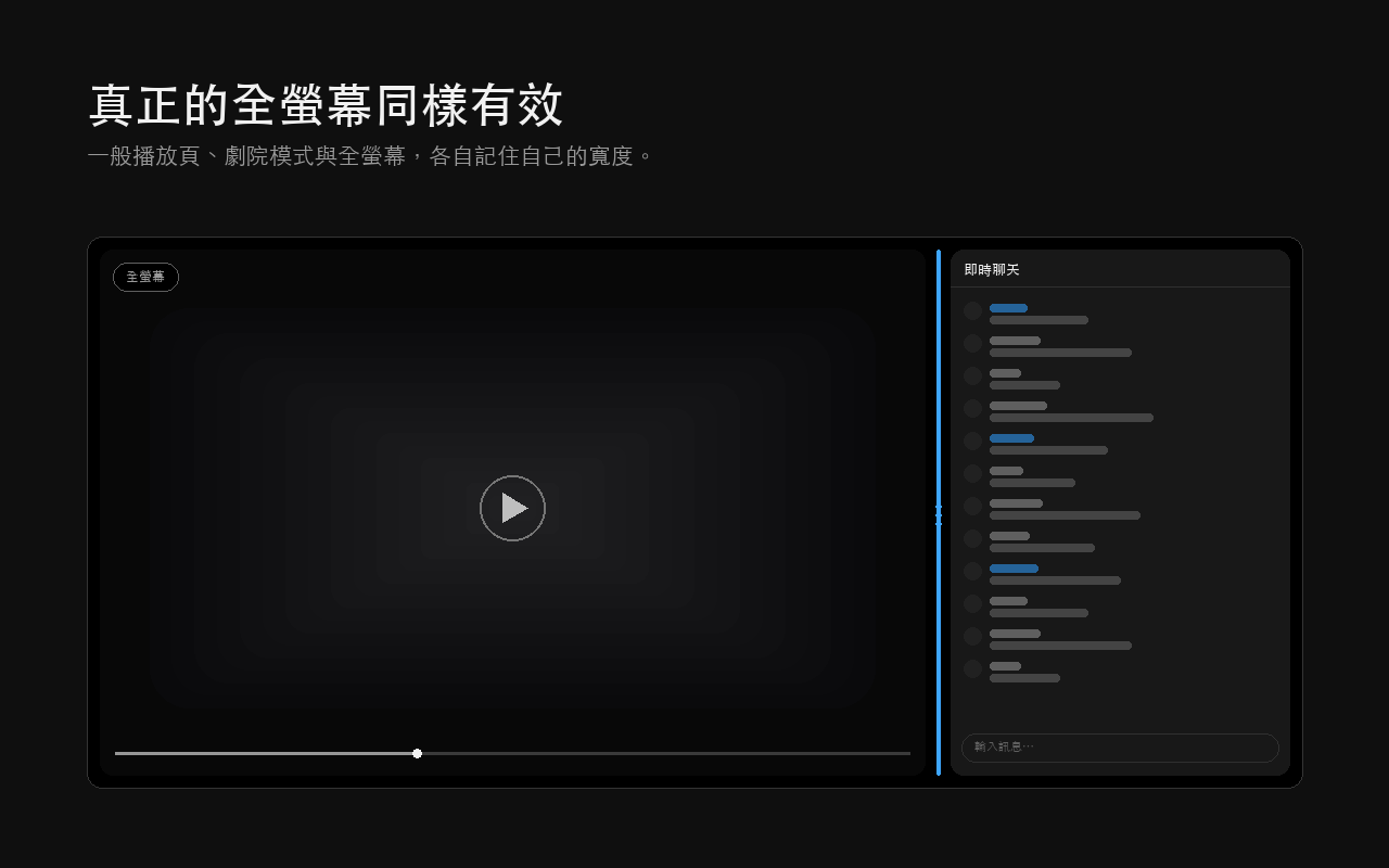 真正的全螢幕下聊天室停靠在影片旁邊、影片沒有被裁切的示意圖